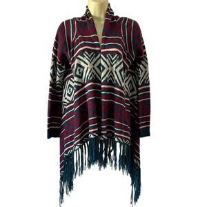 Pink Rose Geometric Patterned Fringe Sweater Junior Large Boho Festival